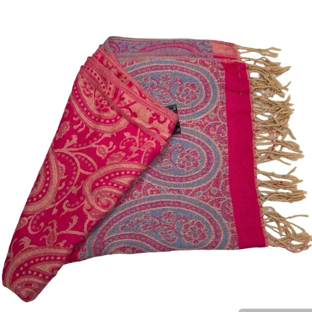 Pashmina Scarf Shawl Red and Gold Paisley 68” x 26” Not Counting Fringe